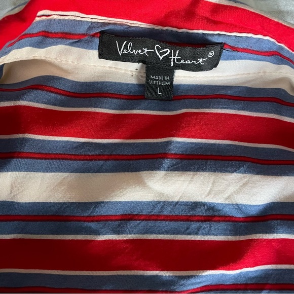 Striped button-up collared peplum shirt red white and blue high-low shirt - Picture 6 of 9